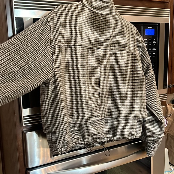 DEMOCRACY MINI CHECK ZIP FRONT BOMBER JACKET OLIVE BROWN TWEED HOUNDSTOOTH MED - Picture 6 of 14